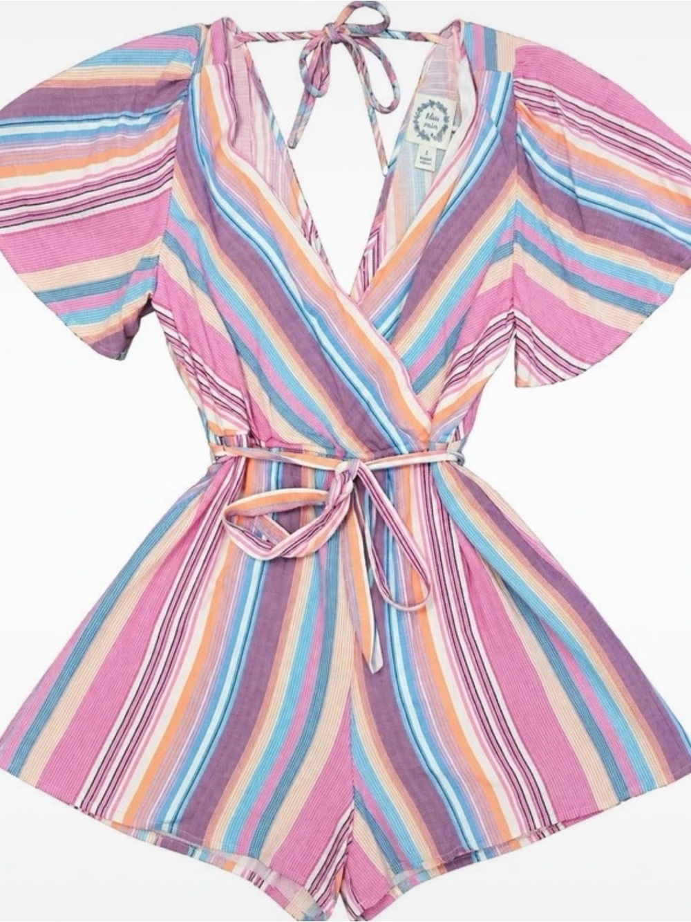 Blue Rain Multicolor Striped Wrap Romper – Size Large